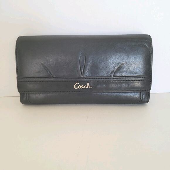 Coach Wallet Geniue Smooth Leather Solid Black Trifold 7x4 Large Envelope Boho - Picture 1 of 11